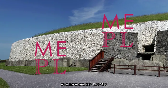 : Ireland. Low angle view of entrance, with stone with megalitic art on the right : Ireland. Low angle view of entrance, with stone with megalitic art on the right