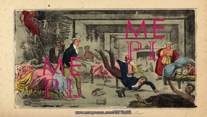 : Irish gentlemen descend into an underground hostel, 1821 : Irish gentlemen descend into an underground hostel, 1821