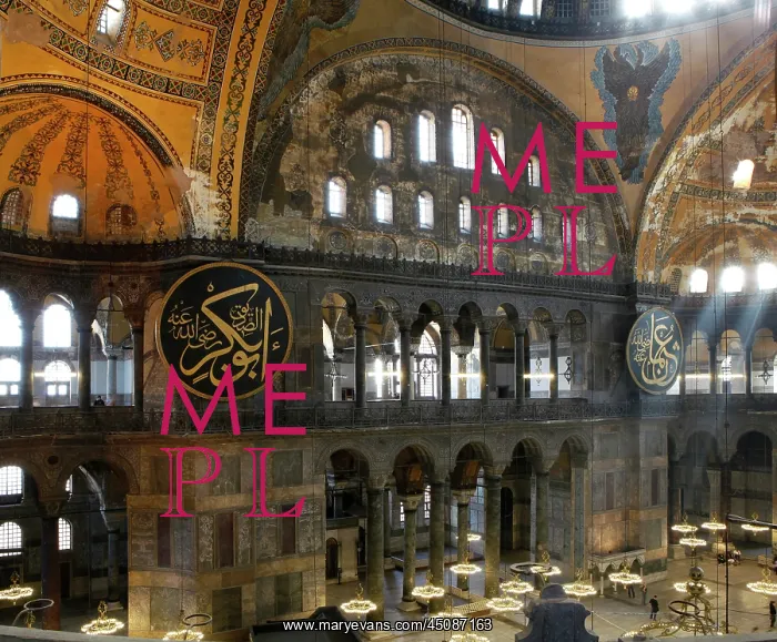 : Istanbul. High angle view of interior, Hagia Sophia, 532-37, by Isidore of Miletus : Istanbul. High angle view of interior, Hagia Sophia, 532-37, by Isidore of Miletus