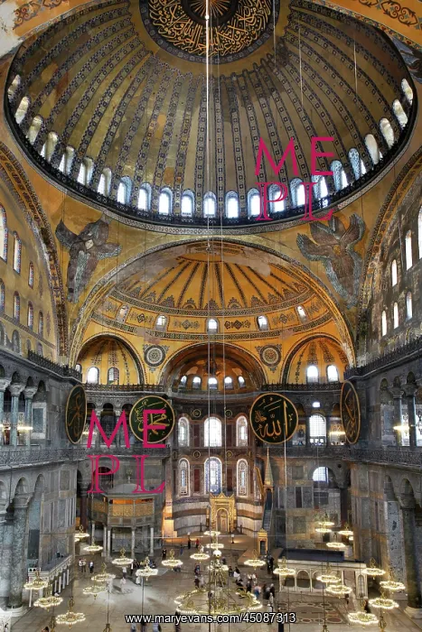 : Istanbul. High angle view of interior and domes showing Islamic elements in the ceiling, : Istanbul. High angle view of interior and domes showing Islamic elements in the ceiling,