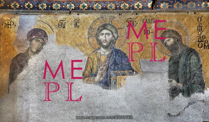 : Istanbul. Detail of Deesis mosaic, 12th-13th century, showing Virgin Mary, Jesus Christ, : Istanbul. Detail of Deesis mosaic, 12th-13th century, showing Virgin Mary, Jesus Christ,