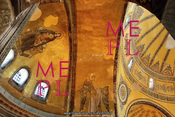 : Istanbul. View from below of ceiling inside domes showing mosaic of the Virgin Mary : Istanbul. View from below of ceiling inside domes showing mosaic of the Virgin Mary