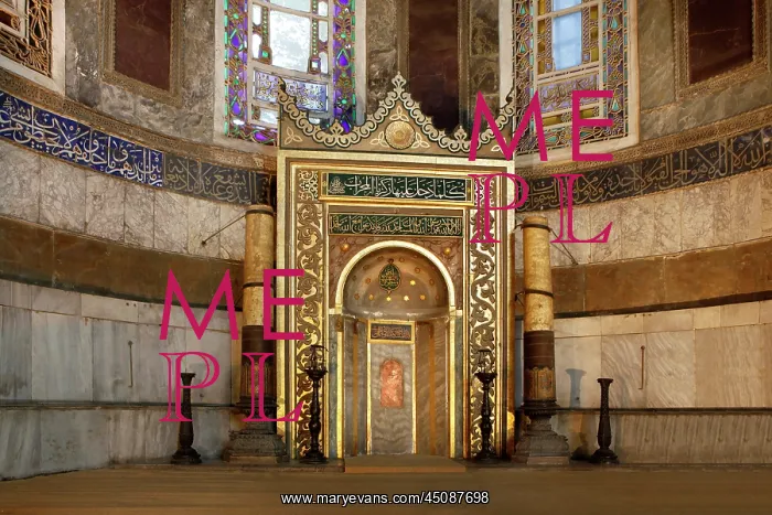 : Istanbul. Low angle view of mirhab, Hagia Sophia, 532-37, by Isidore of Miletus : Istanbul. Low angle view of mirhab, Hagia Sophia, 532-37, by Isidore of Miletus