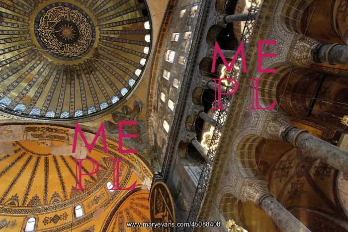 : Istanbul. View from below of interior and domes showing Islamic elements in the ceiling : Istanbul. View from below of interior and domes showing Islamic elements in the ceiling
