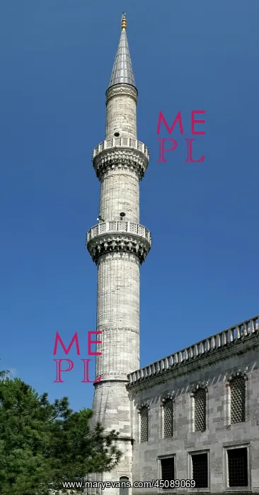 : Istanbul. Low angle view of minaret, Sultan Ahmed Mosque : Istanbul. Low angle view of minaret, Sultan Ahmed Mosque