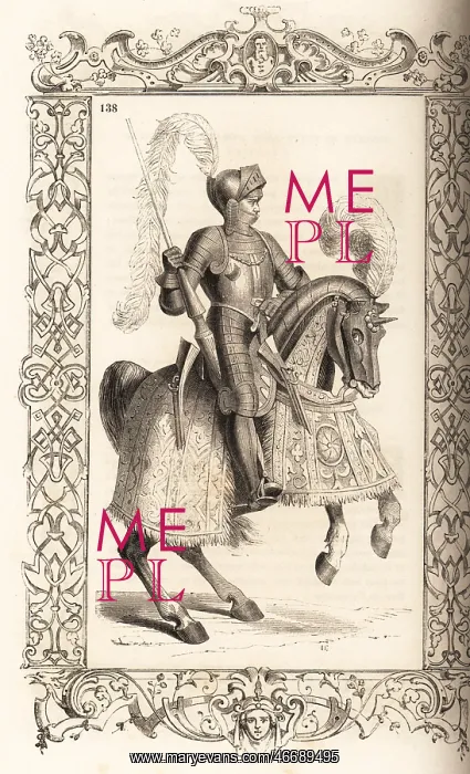 : Italian cavalryman riding a horse in barding, 16th century : Italian cavalryman riding a horse in barding, 16th century
