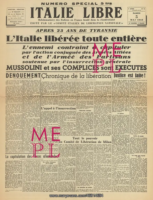 : Italie Libre front page German forces surrender in Italy : Italie Libre front page German forces surrender in Italy