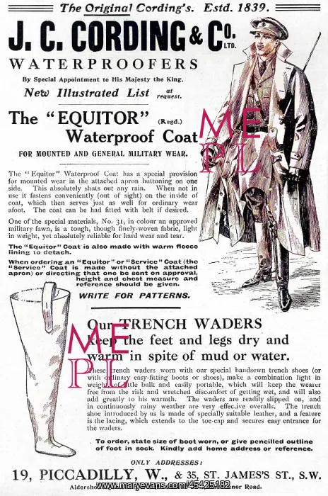 : J. Cording advertisement, WW1 with trench waders : J. Cording advertisement, WW1 with trench waders