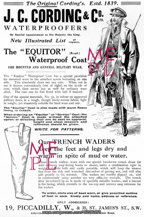 : J. Cording advertisement, WW1 with trench waders : J. Cording advertisement, WW1 with trench waders