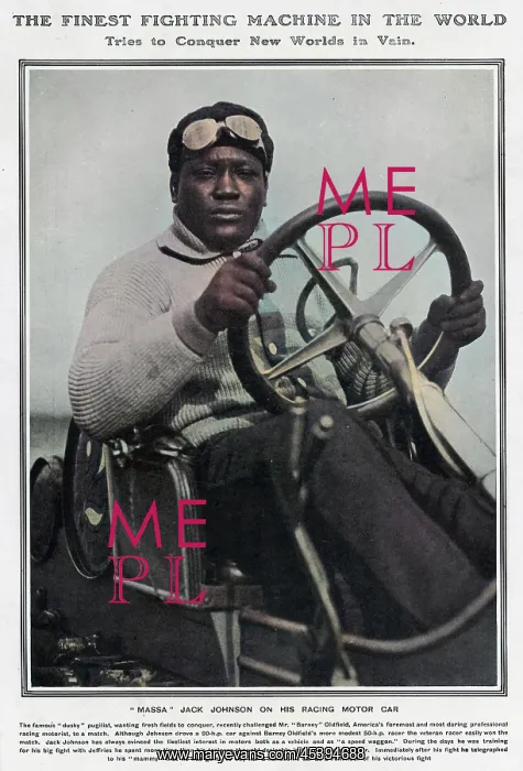: JACK JOHNSON ON HIS RACING MOTOR CAR : JACK JOHNSON ON HIS RACING MOTOR CAR