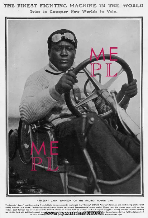 : Jack Johnson on his racing motor car : Jack Johnson on his racing motor car