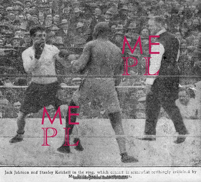 : Jack Johnson v Stanley Ketchel in boxing match : Jack Johnson v Stanley Ketchel in boxing match