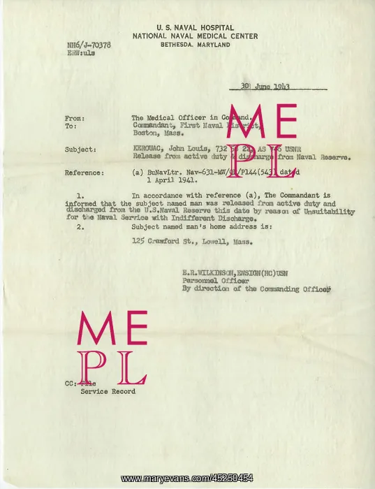 : Jack Kerouac. Honorable discharge from the US : Jack Kerouac. Honorable discharge from the US