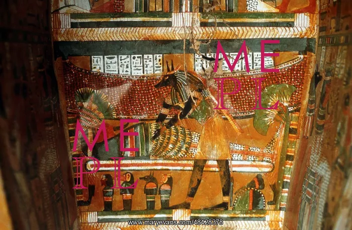 : Jackal-headed god Anubis receiving dead king or : Jackal-headed god Anubis receiving dead king or