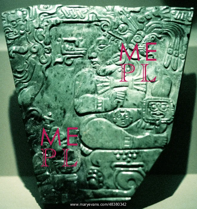  : Jade plaque showing Mayan king seated