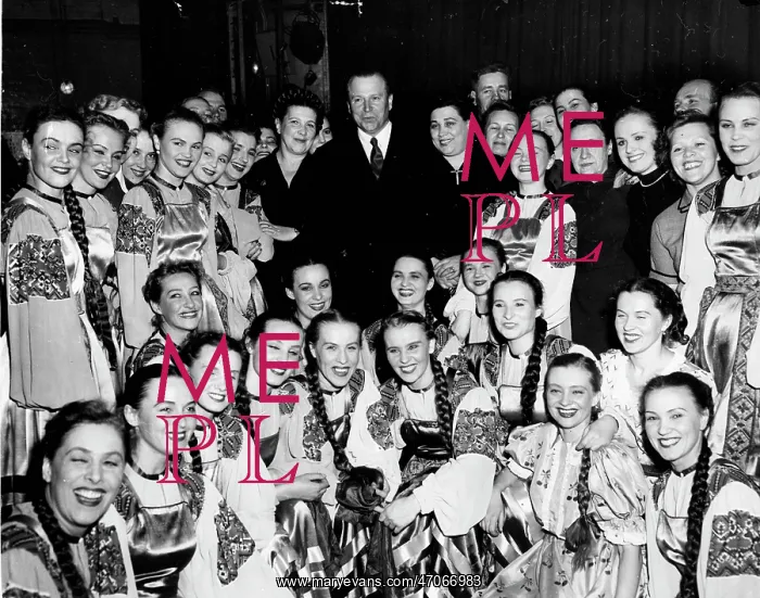 : Jakob Malik, Soviet Ambassador, with dancers, Stoll Theatre : Jakob Malik, Soviet Ambassador, with dancers, Stoll Theatre