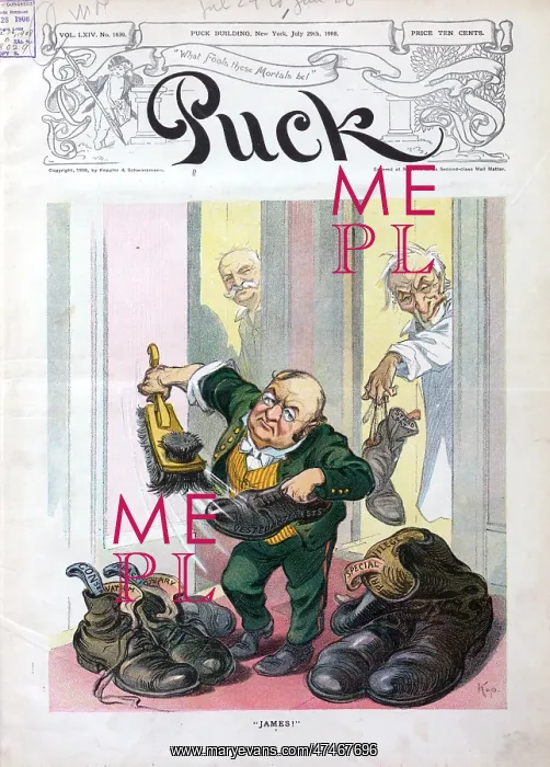 : James. Illustration shows Joseph G. Cannon handing a shoe labeled Stand Pat to James S : James. Illustration shows Joseph G. Cannon handing a shoe labeled Stand Pat to James S