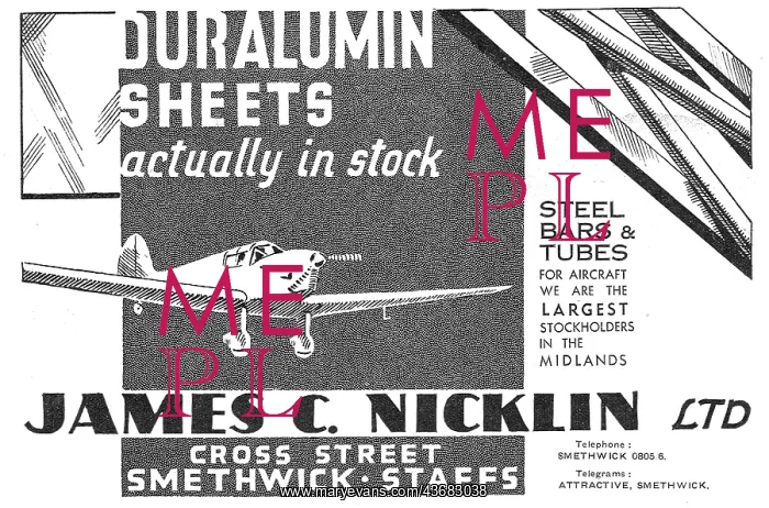  : James Nicklin Ltd. Smethwick. Aeroplane Duralumin Sheets