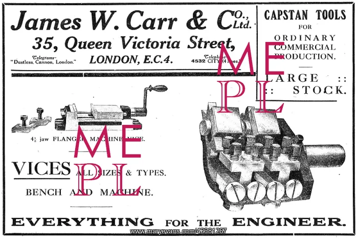 : James W.Carr & Co - Vices & Capstan Tools. 1918 Advert : James W.Carr & Co - Vices & Capstan Tools. 1918 Advert
