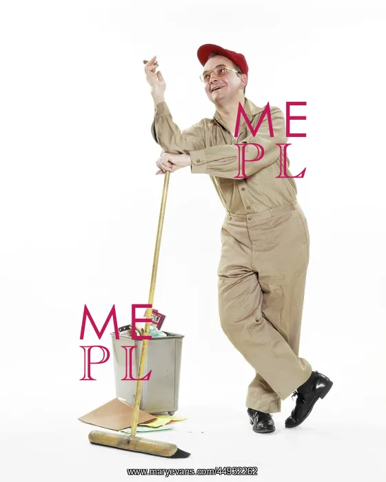 : Janitor Maintenance Man Leaning on Broom : Janitor Maintenance Man Leaning on Broom