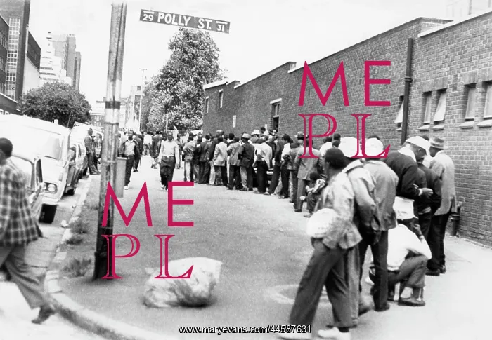 : January 28, 1979. Workers queue outside 80 Albert : January 28, 1979. Workers queue outside 80 Albert