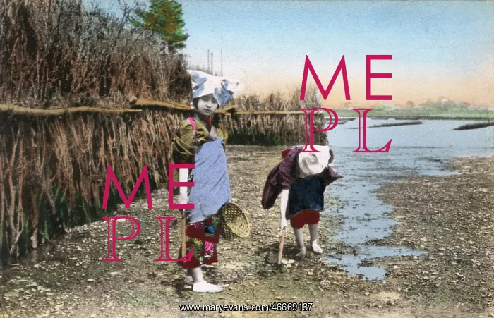 : Japan, Two children digging for shellfish, low tide riverbed : Japan, Two children digging for shellfish, low tide riverbed