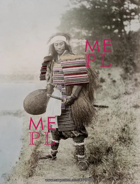 : Japanese actoras a samurai, armour, two swords, grass coat : Japanese actoras a samurai, armour, two swords, grass coat