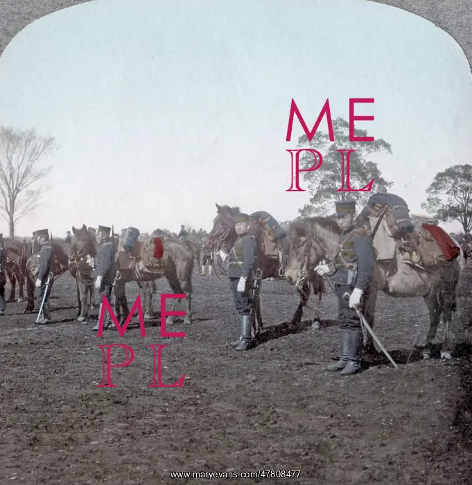 : Japanese army, cavalrymen with their horses, c.1904 : Japanese army, cavalrymen with their horses, c.1904