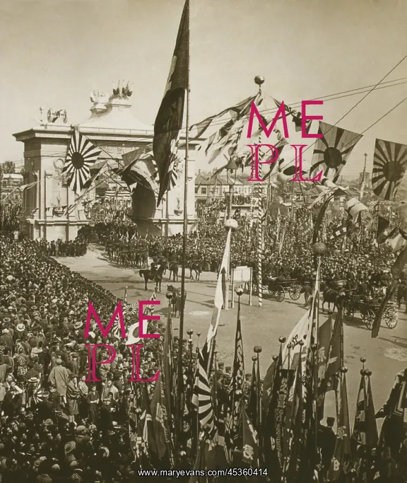 : Japanese crowds celebrate the procession carrying : Japanese crowds celebrate the procession carrying