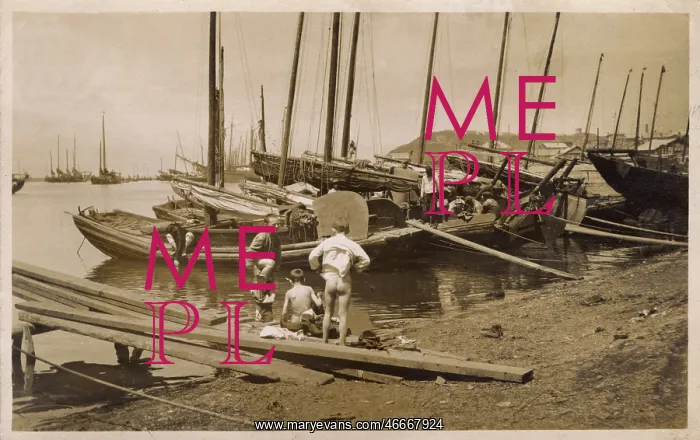 : Japanese dockside scene - with young bathers : Japanese dockside scene - with young bathers