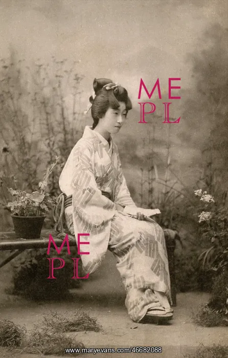: Japanese Geisha seated on a bench : Japanese Geisha seated on a bench