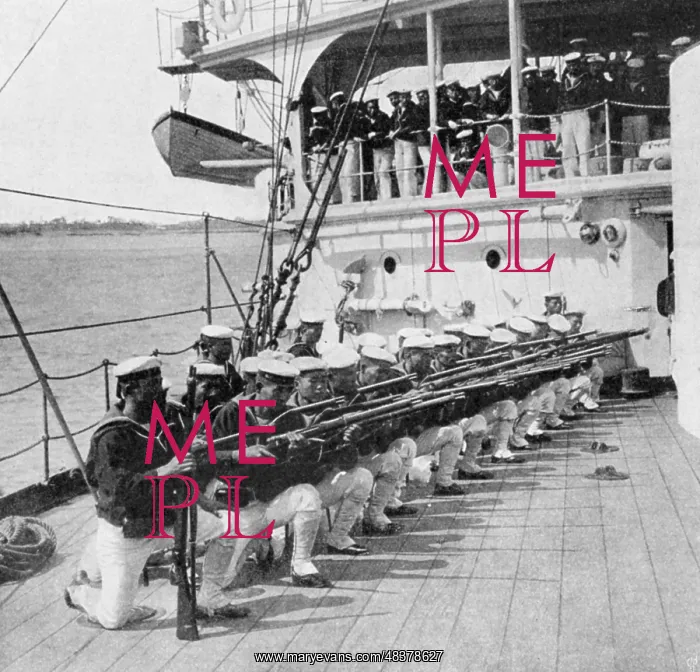 : Japanese marines drilling on board the warship : Japanese marines drilling on board the warship