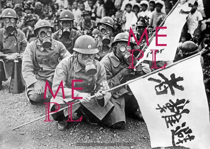 : Japanese soldiers during an air-raid exercise, 1933 : Japanese soldiers during an air-raid exercise, 1933