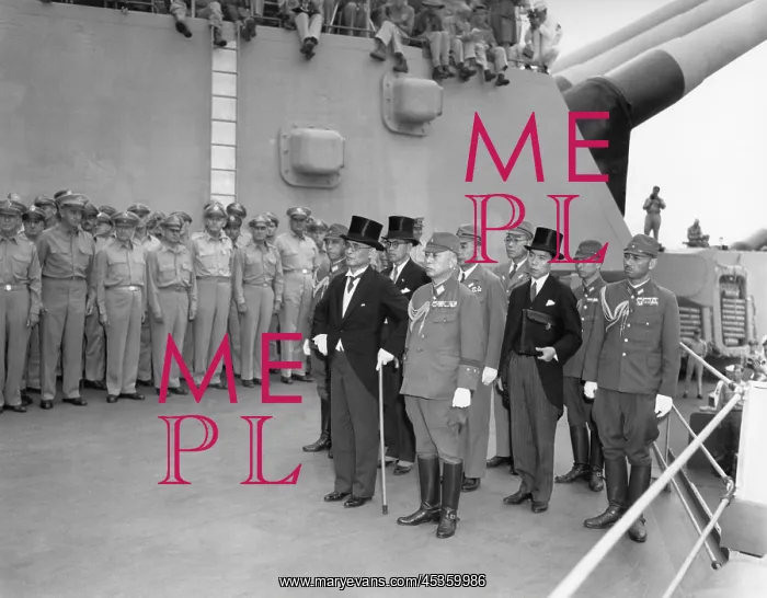 : Japanese surrender signatories arrive aboard the : Japanese surrender signatories arrive aboard the
