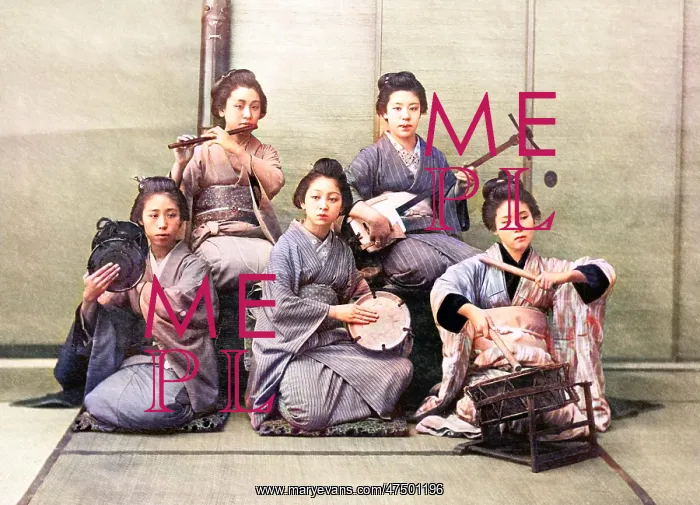 : Japanese women playing on samisen, fuye, taiko, and tsuzumi : Japanese women playing on samisen, fuye, taiko, and tsuzumi