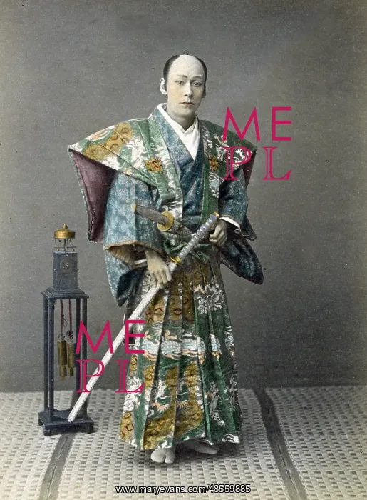  : Japense samurai (actor) with a clock, Japan, circa 1880s