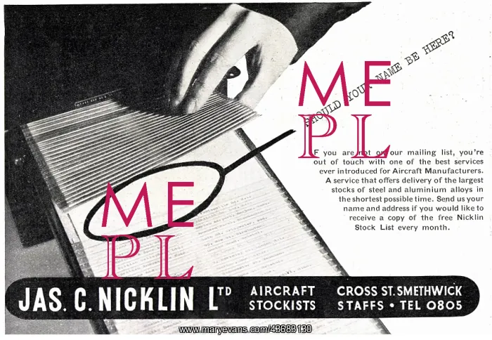 : Jas C. Nicklin. Smethwick. Aeroplane Steel Sheets : Jas C. Nicklin. Smethwick. Aeroplane Steel Sheets