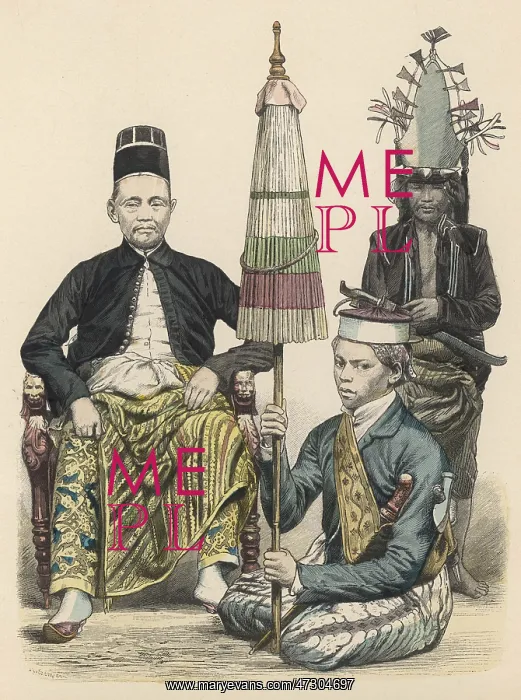 : Javanese. Three Indonesian men: a Javanese ruler, his servant with a closed parasol, : Javanese. Three Indonesian men: a Javanese ruler, his servant with a closed parasol,