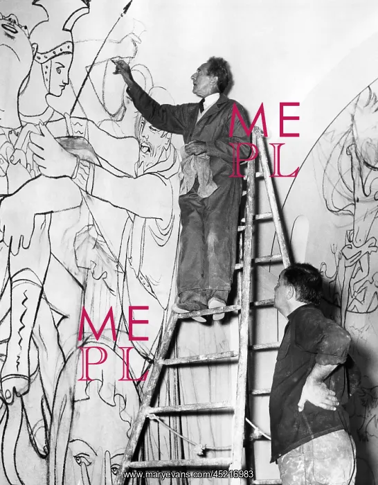 : Jean Cocteau works on the mural of the life ? : Jean Cocteau works on the mural of the life ?