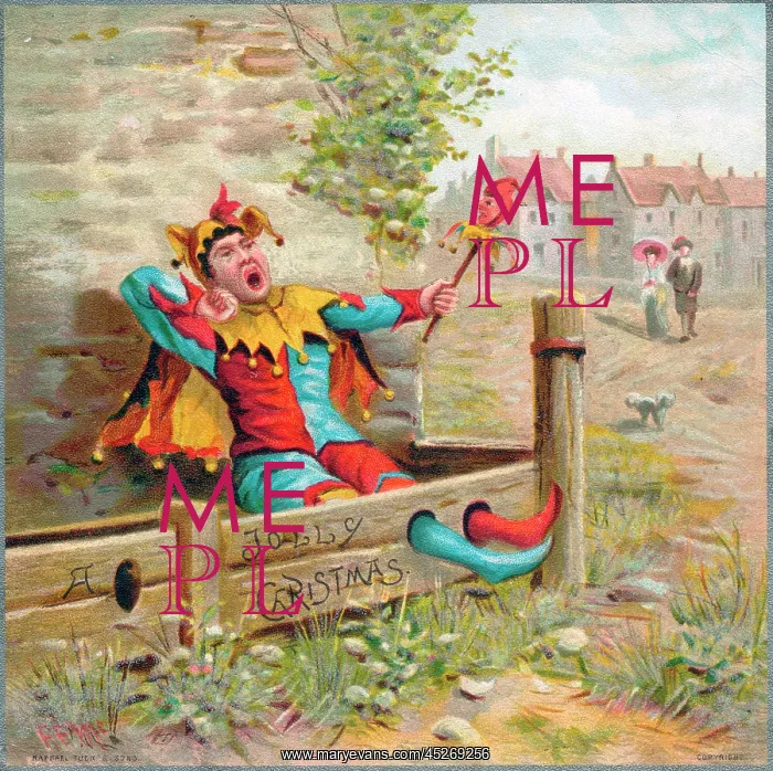 : Jester in the stocks on a Christmas card : Jester in the stocks on a Christmas card