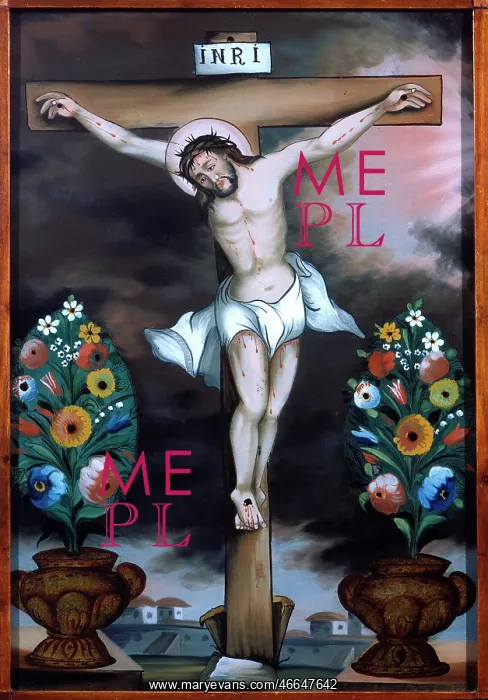: Jesus Christ on the Cross, surrounded by flowers : Jesus Christ on the Cross, surrounded by flowers