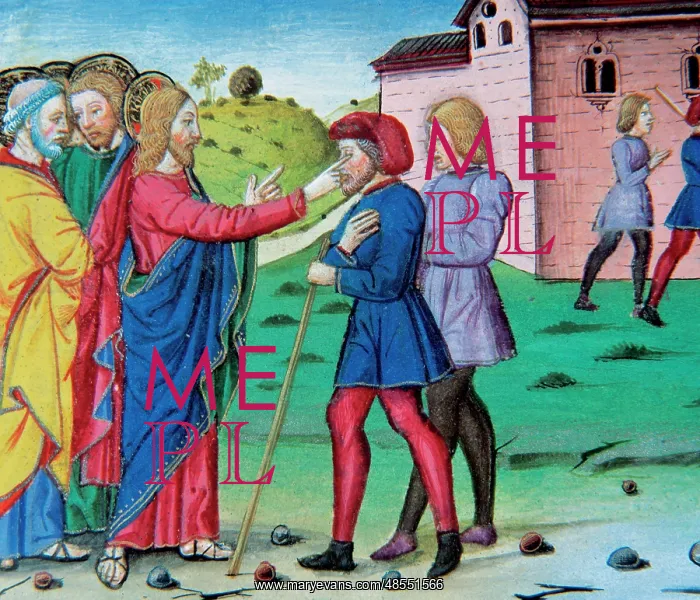 : Jesus healing two blind. Codex of Predis (1476). Italy : Jesus healing two blind. Codex of Predis (1476). Italy