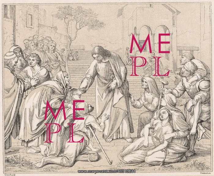 : Jesus healing the multitudes. Wood engraving circa : Jesus healing the multitudes. Wood engraving circa