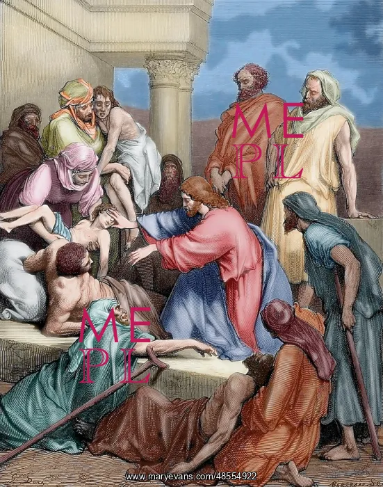 : Jesus healing the sick. Engraving. Colored : Jesus healing the sick. Engraving. Colored