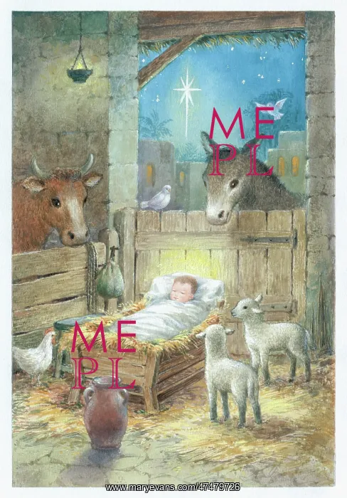  : Jesus in the manger with lambs, donkey, Nativity Star etc