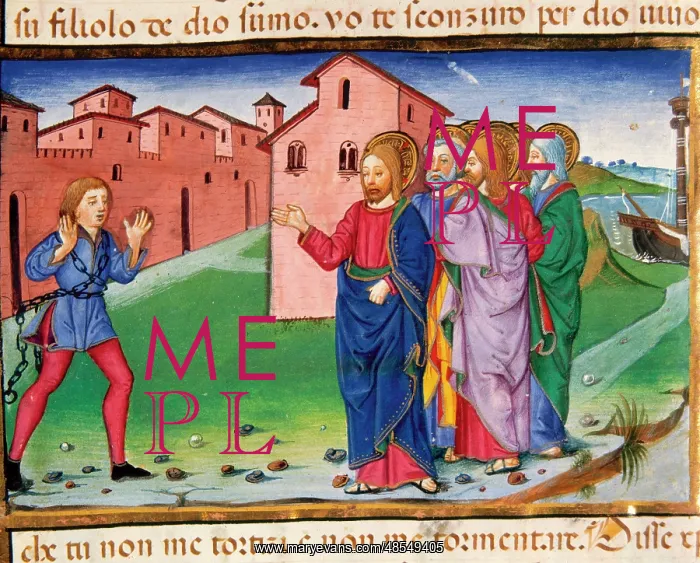 : Jesus meets a man possessed by evil spirits.Codex of Predis : Jesus meets a man possessed by evil spirits.Codex of Predis