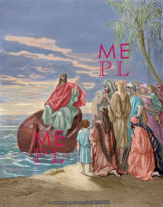 : Jesus preaching in the Sea of Galilee. Engraving. Colored : Jesus preaching in the Sea of Galilee. Engraving. Colored
