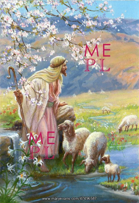: Jesus by a stream with sheep and lambs : Jesus by a stream with sheep and lambs