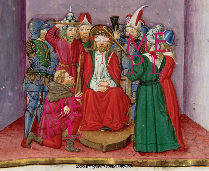 : Jesus is tortured and mocked by the soldiers. Codex of Predi : Jesus is tortured and mocked by the soldiers. Codex of Predi