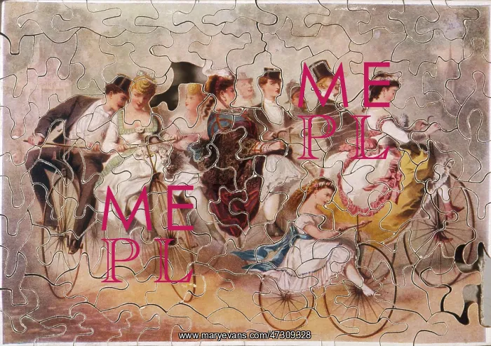 : Jigsaw of wedding party on bicycles : Jigsaw of wedding party on bicycles